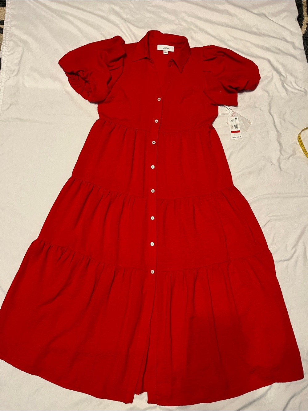 CeCe Red Button-Front Tiered Midi Dress - Picture 6 of 8